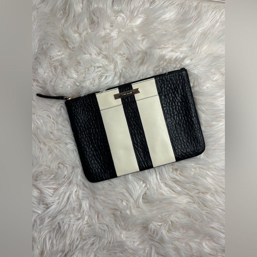 Cole haan black white stripe leather clutch evening going out classy